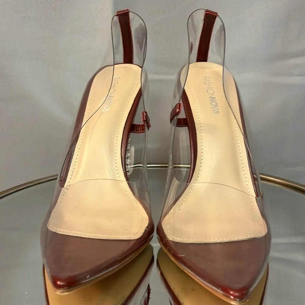 FASHION NOVA women’s size 8.5 stiletto high heels. Clear see through… EUC